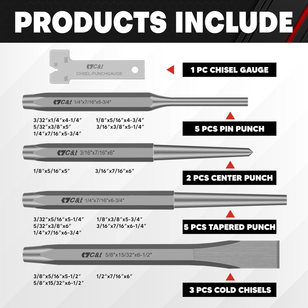 16Piece Punch and Chisel Set with Storage Pouch, Including Taper Punch, Cold ...