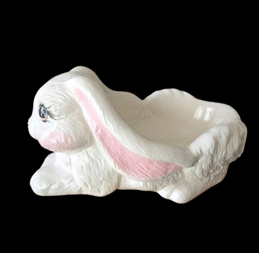 Vintage Easter Candy Dish Bunny Rabbit Big Eyes Ceramic Handpainted 1998