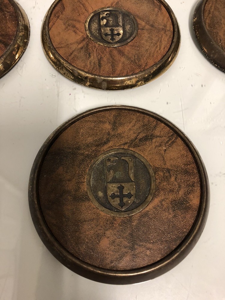 Vintage BTS Solid Brass and Leather 7 pc Coaster Set Eagle Knights logo Mancave