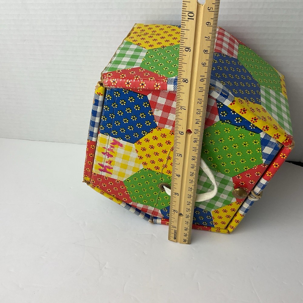 Patchwork Print Sewing Box with Tray Vintage 70s Hexagon Shape Storage