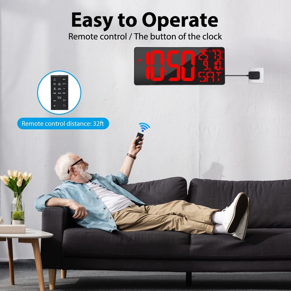 [Oversized] 18" Large Digital Wall Clock with Remote Control, Auto-Dimming Di...