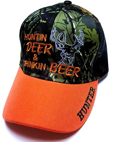 Hunting Deer & Drinking Beer Blaze Orange Bill Camo Hat Cap Hunter Adjustable