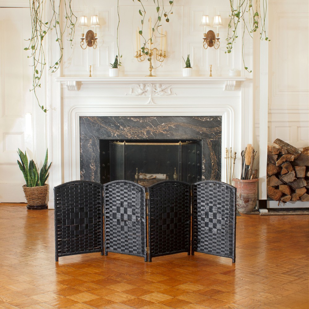 2 ft. Short Diamond Weave Fiber Folding Screen - Black - 4 Panel