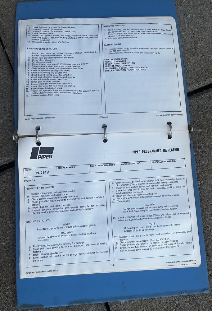 Piper Warrior Programmed Inspection 761-540 Original