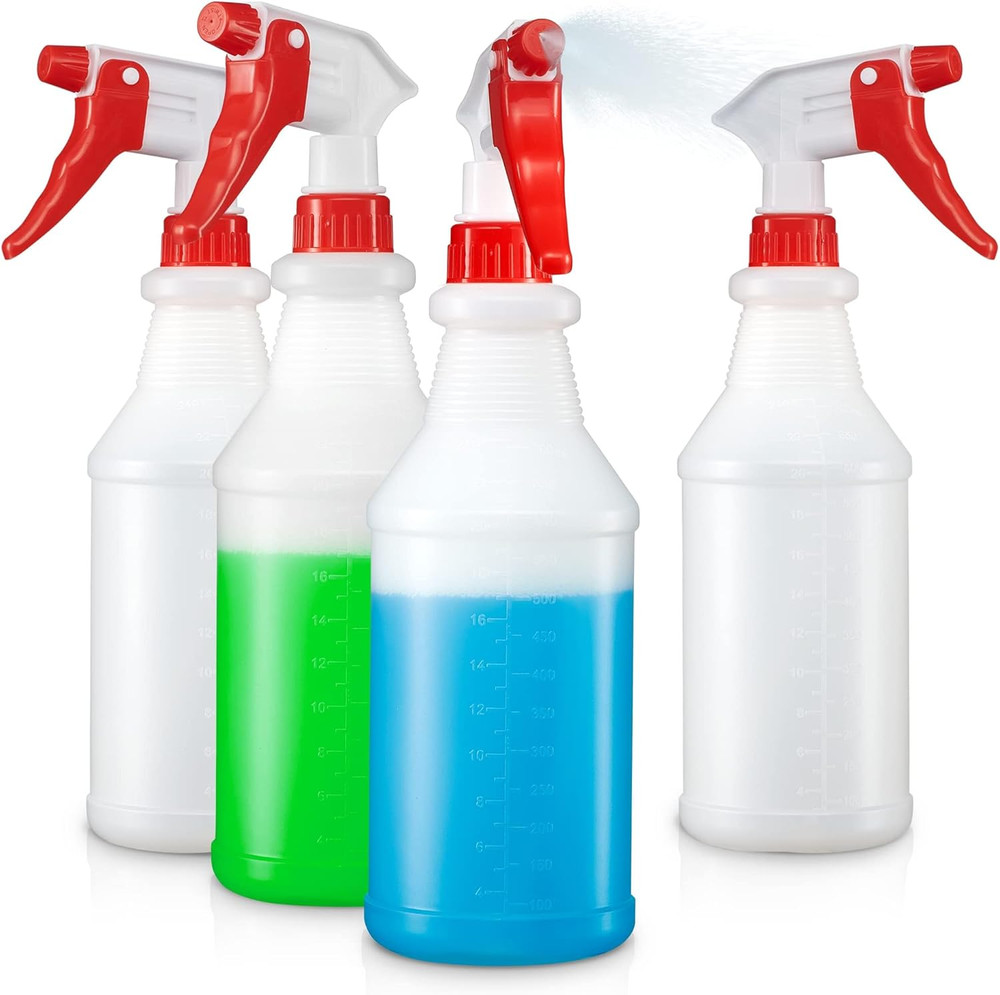 SUPER+ 4 Pack Plastic Spray Bottles 24 OZ – Leak Proof, Adjustable Nozzle, Empty