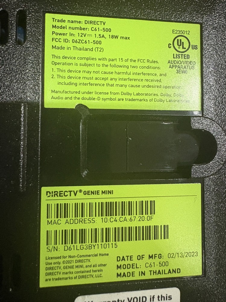 DIRECTV Genie Mini Wireless with AC Adapter C61 - 500 Powers on