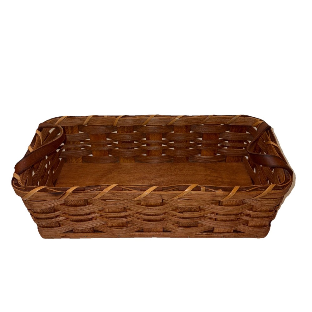Amish Handmade 12" Bread Desk Basket W/ Leather Handles Solid Oak Bottom Signed