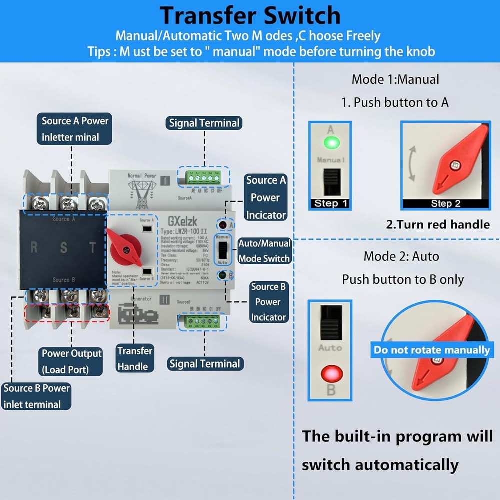 Automatic Generator Transfer Switch 100A 3P 4-Wire 120/240V Automatic/Manual ...