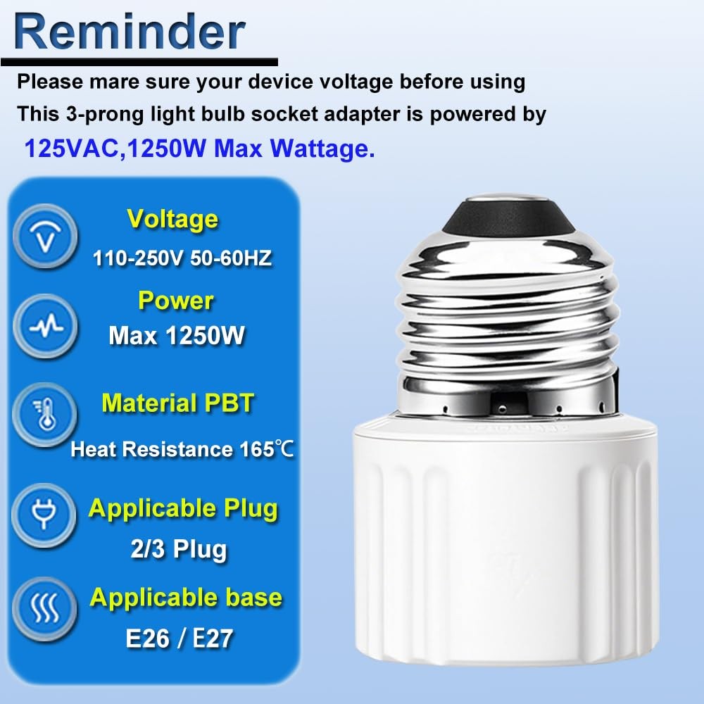 3 Packs Light Socket Plug Adapter,3 Prong to White