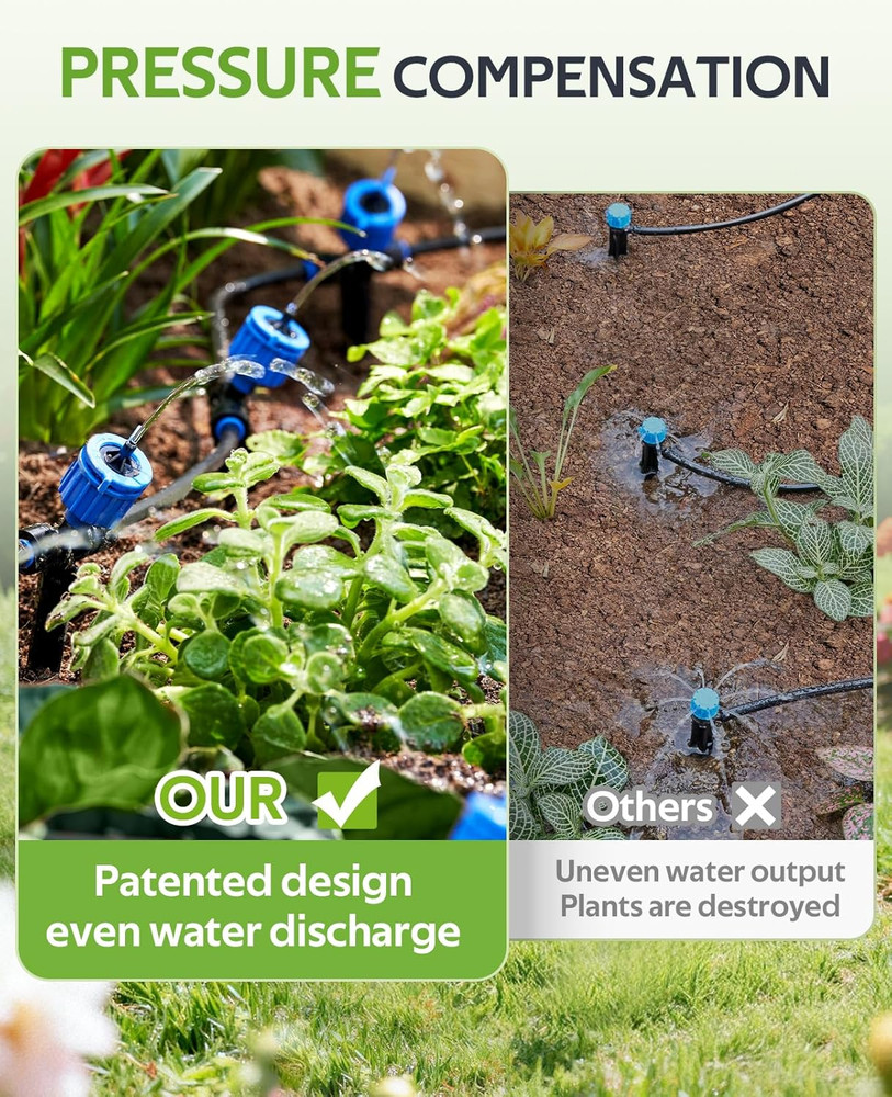 100FT Pressure Compensated Drip Irrigation System with Timer, No-Leak Quick Conn