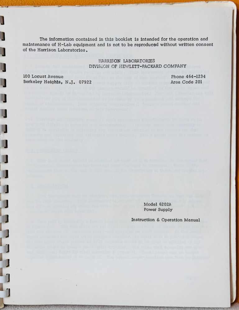 HP Model 6202A Regulated Power Supply Instruction & Operation Manual.