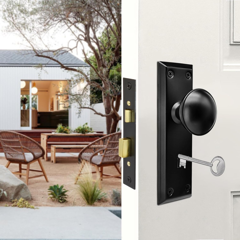 Vintage Mortise Lock Set with Skeleton Key - Black Knobs, 4 Pack