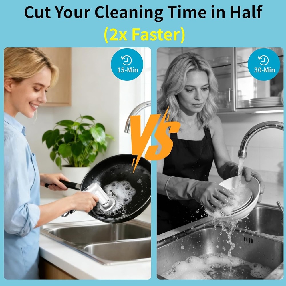 Electric Dish Scrubber, Mini Cordless Kitchen Cleaning Brush with 4 Replaceable