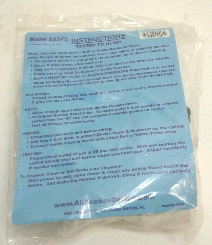 MSD All-Access AA2-FS Condensate Shut-Off Float Switch 24VAC 1.25A GP Qty 1
