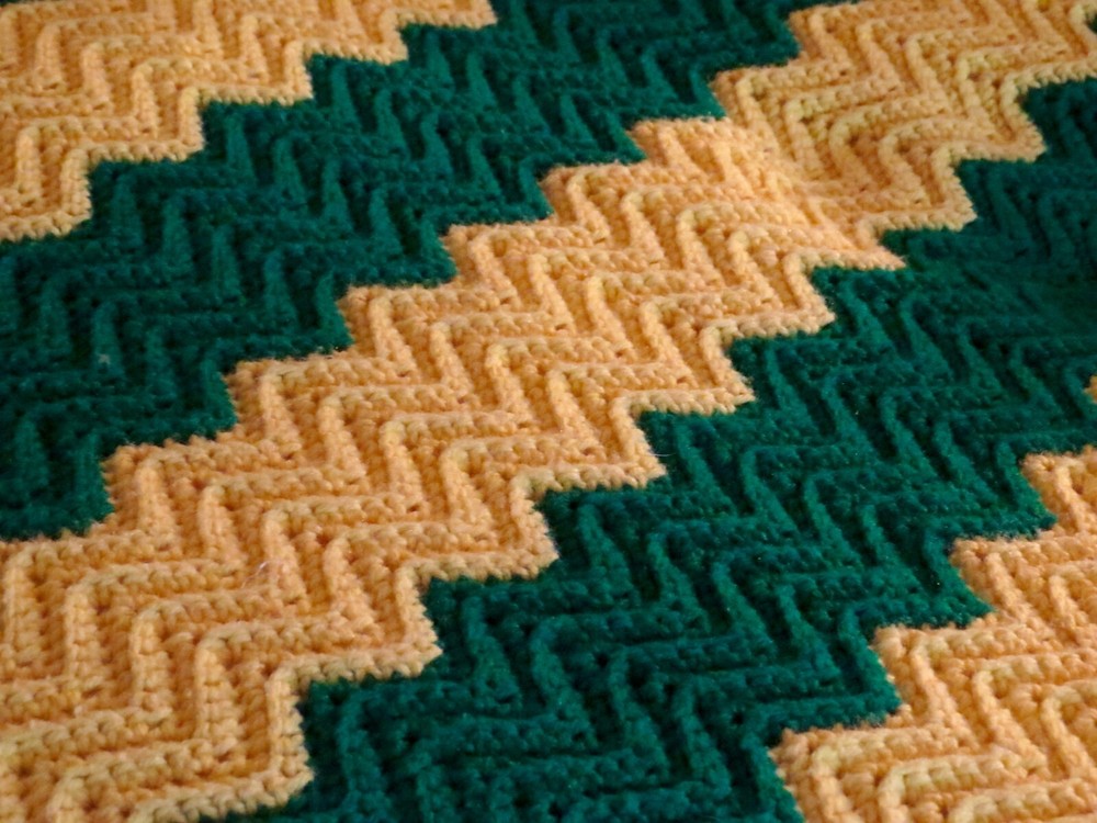 Green and Yellow Chevron Pattern Handmade Crocheted Afghan. Dimensions: 80 x 58.