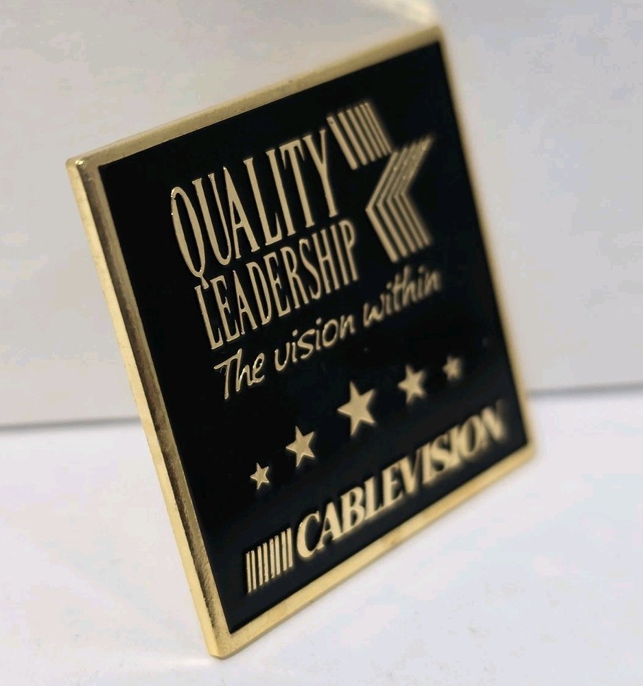 Cablevision Quality Leadership Pinback Button Black On Gold Tone