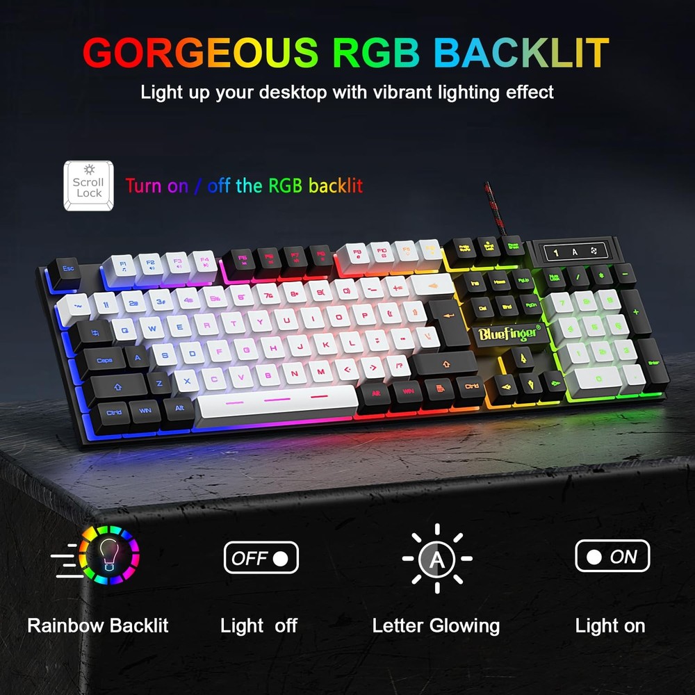 RGB Gaming Keyboard And Backlit Mouse Combo USB Wired LED Set Black White
