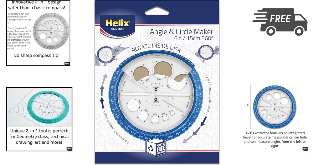 Angle and Circle Maker Protractor with Integrated Templates 6 Inch 15cm Assorted