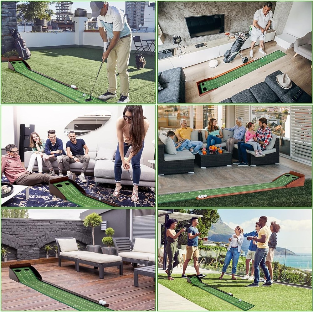 Foldable Portable Golf Putting Mat with Mirror & Automatic Ball Return System