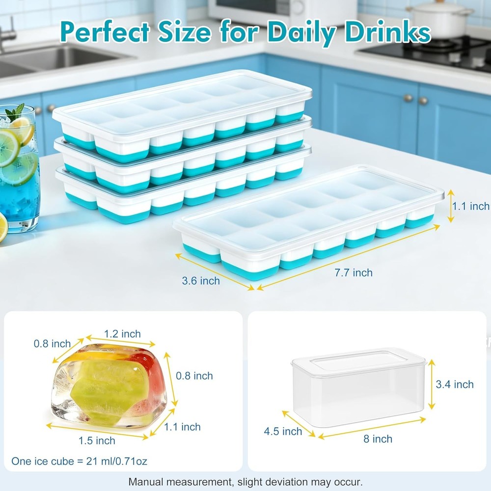 NFK Ice Cube Tray with Lid & Bin - 4 Pack Stackable Silicone Trays for Freezer w