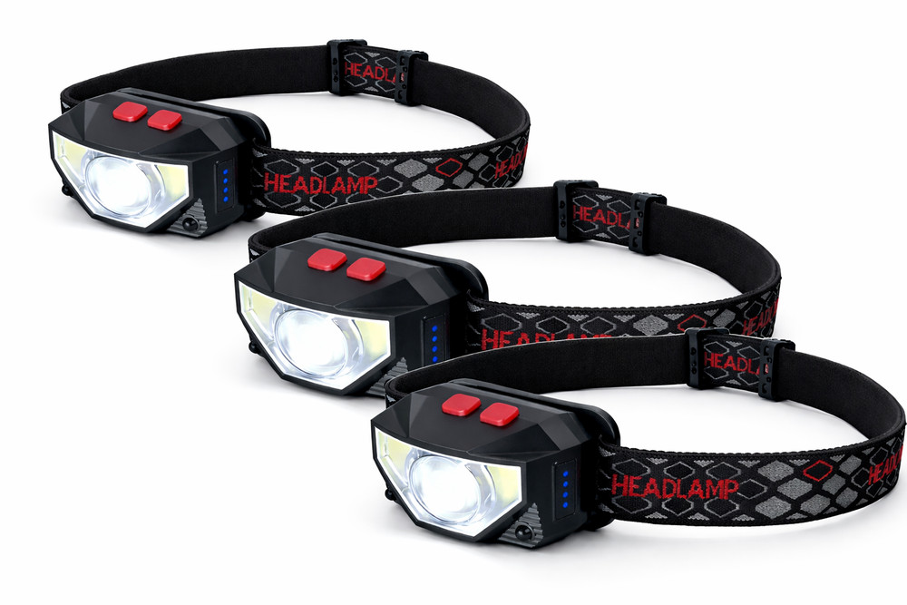 Voyager Tools 3pc LED Rechargeable Headlamp, Motion Sensor Switch USB Charging