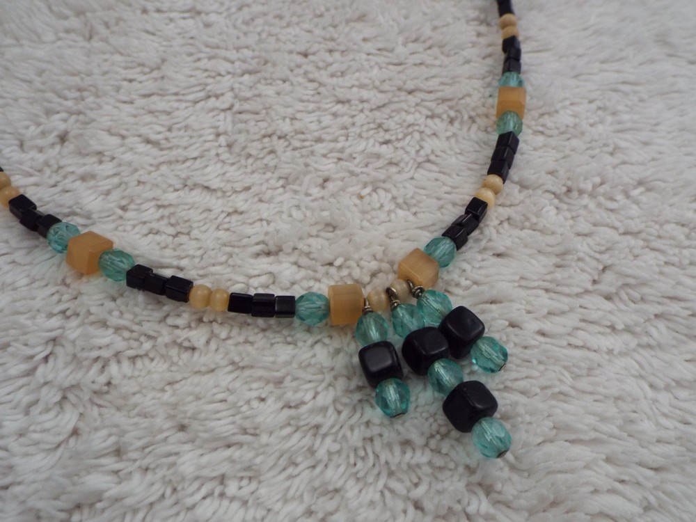 Blue Tan Black Glass Bead Necklace