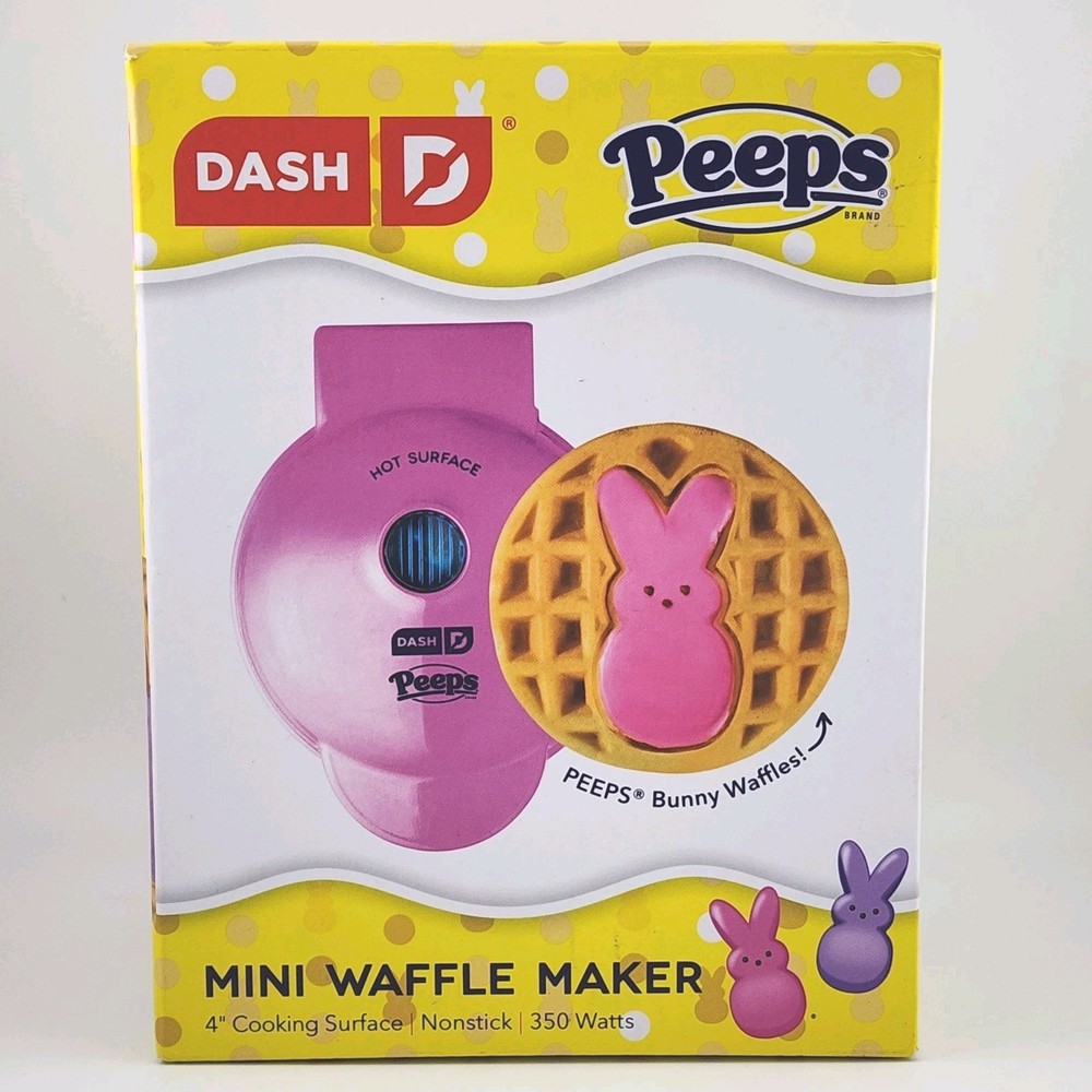 PEEPS Dash Bunny Mini Waffle Maker, 4" Non-Stick, Pink, for Waffles & Chaffles