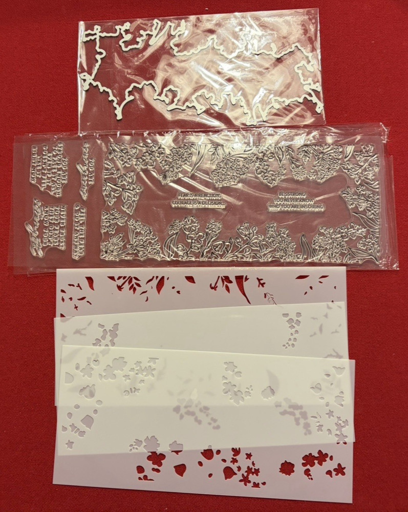 Slimline stamp with coordinating die and 3 stencil set