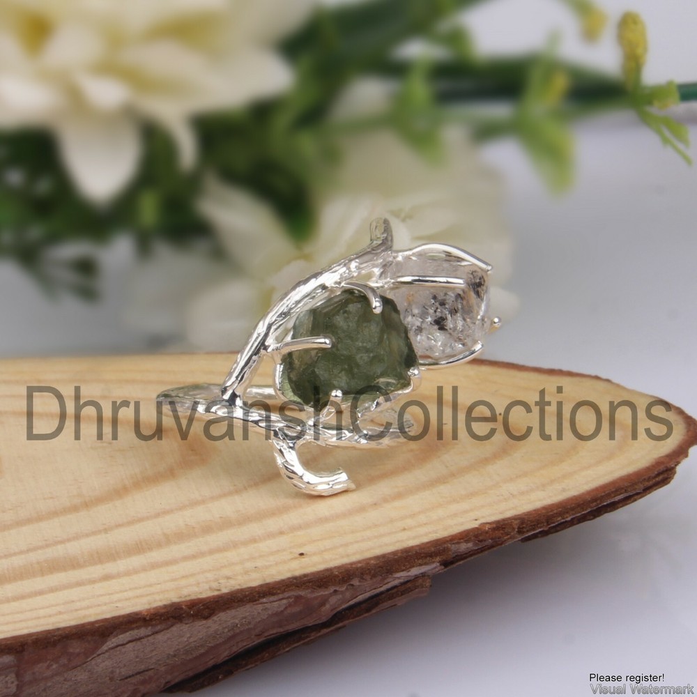Raw Authentic Czech MOLDAVITE Ring 925 Sterling Silver Handmade Branch Ring