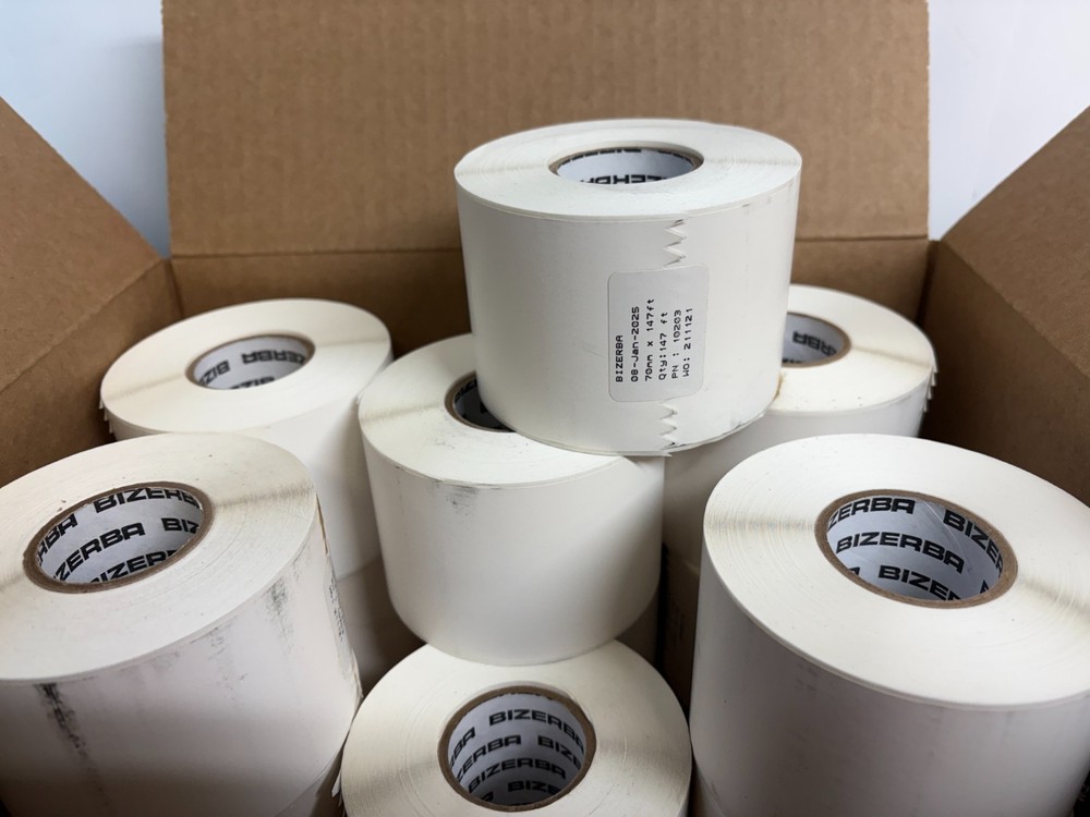 12 ROLLS BIZERBA THERMAL LABEL PRINTER PAPER 70mm x 147ft, 40mm CORE, White