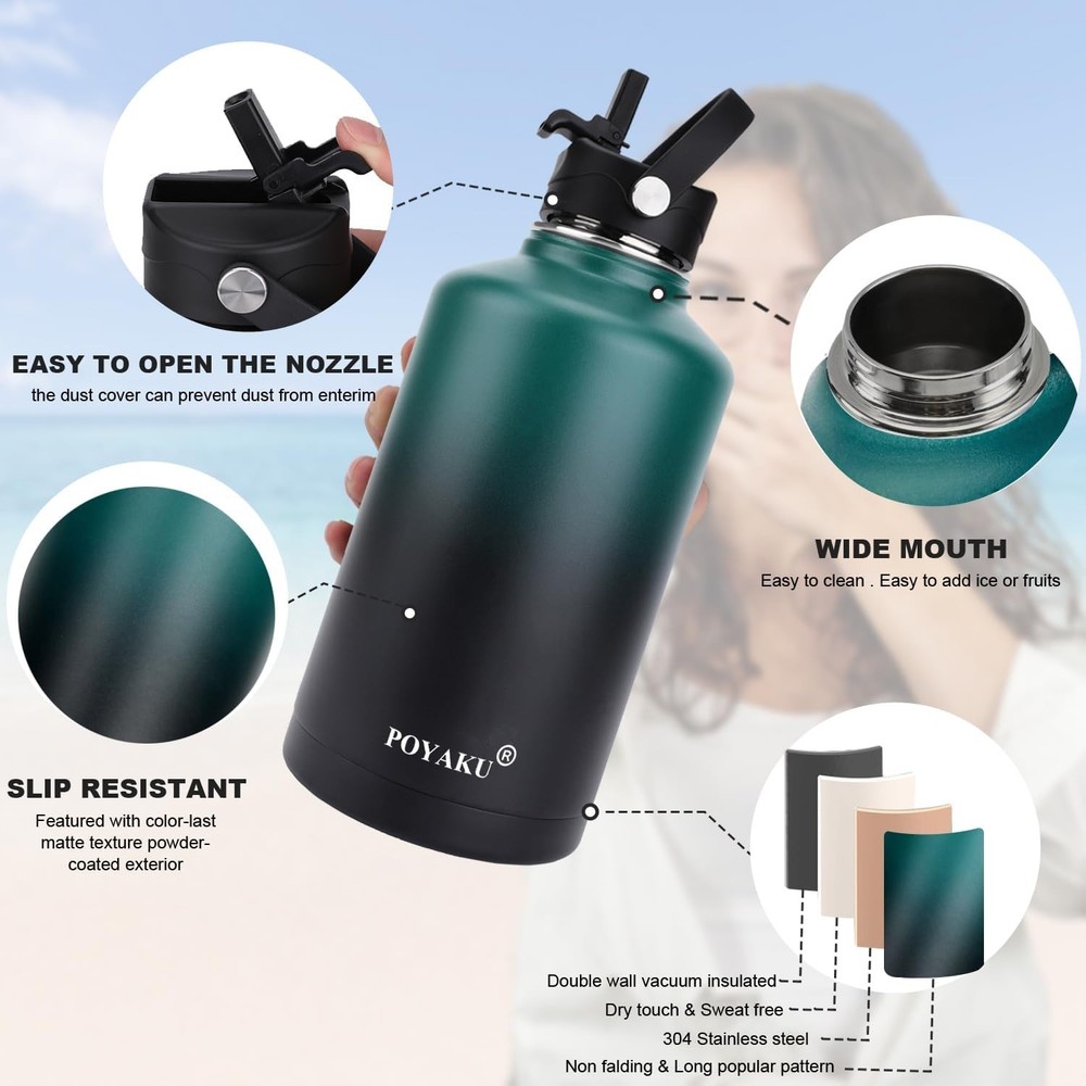 Versatile 64oz Insulated Bottle - Includes Straw, Spout & Push-Button Lid