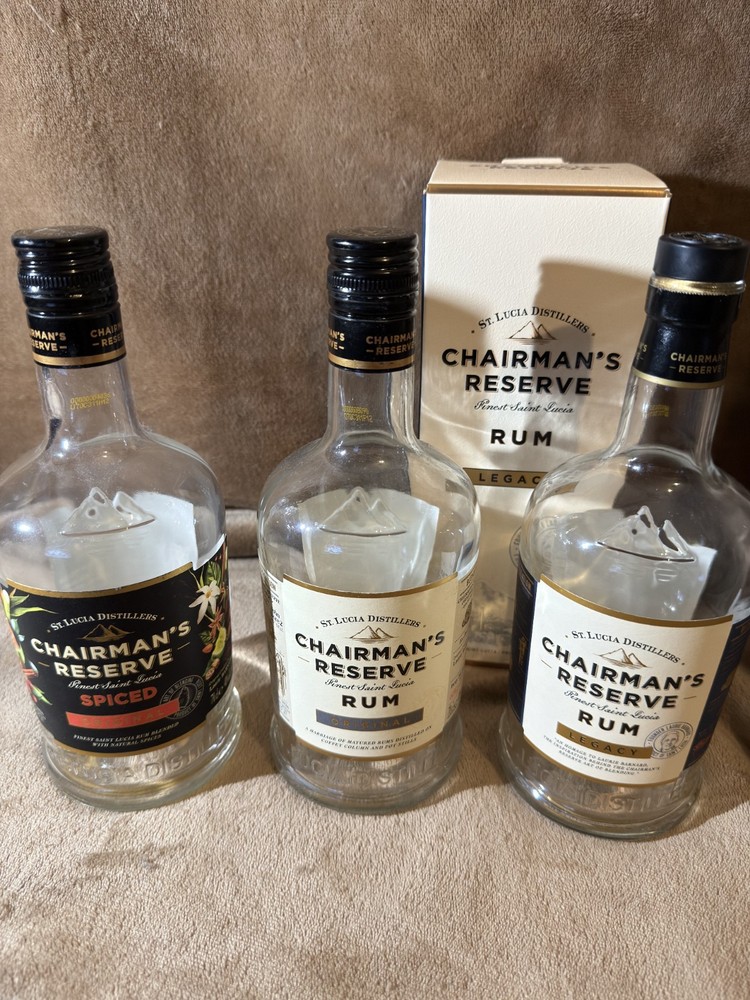 3 EMPTY RUM BOTTLES CHAIRMANS RESERVE GIFT BOX