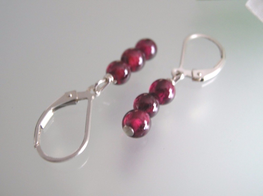 Handmade Top quality 4.5mm natural Garnet sterling Silver 3pcs string dangle ER