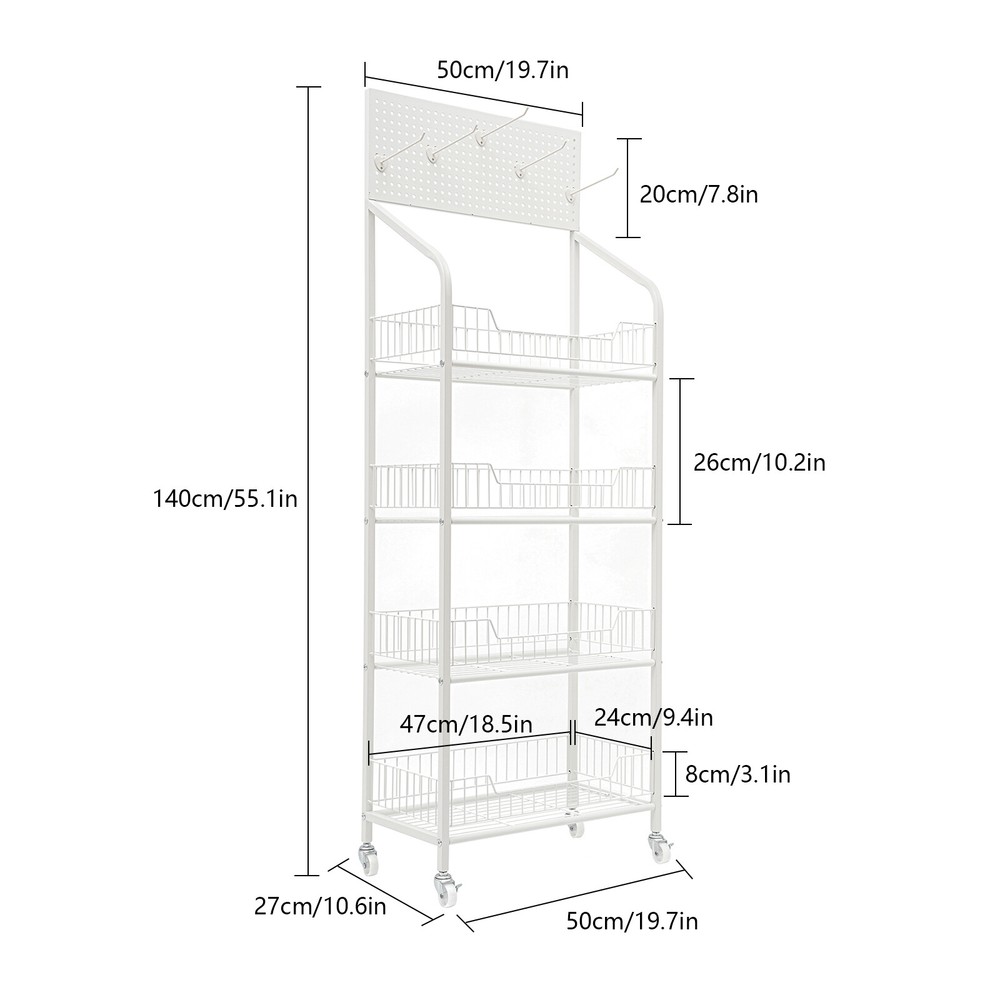 4-Tier White Metal Display Rack with Hooks for Snacks and Essentials