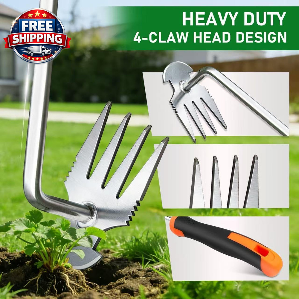 Weed Puller Tool, 2-In-1 Hand Weeder Tool with 4 Sharp Tines & Blade, Manganese