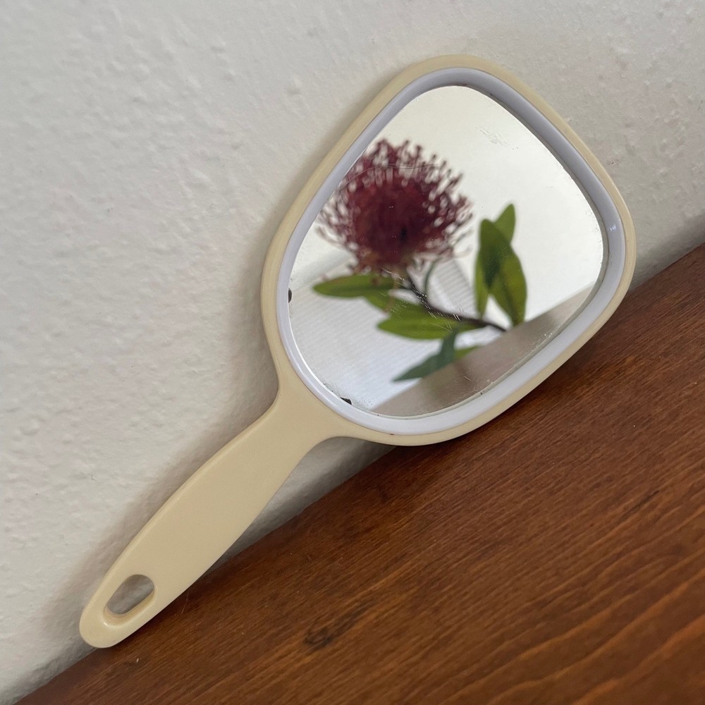 Mini Travel Mirror Handheld Cream Vintage Plastic READ