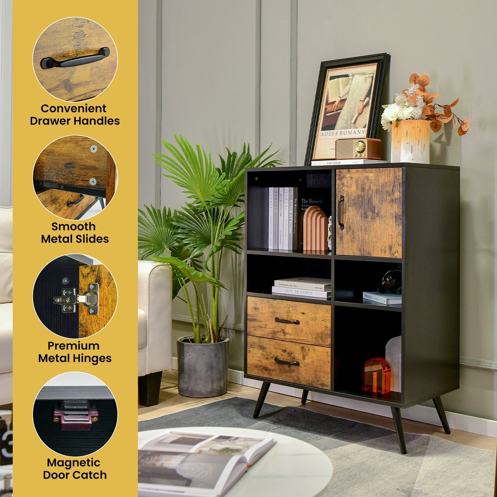 Freestanding Kitchen Sideboard w/ Single-Door Cabinet & 4 Open Compartments