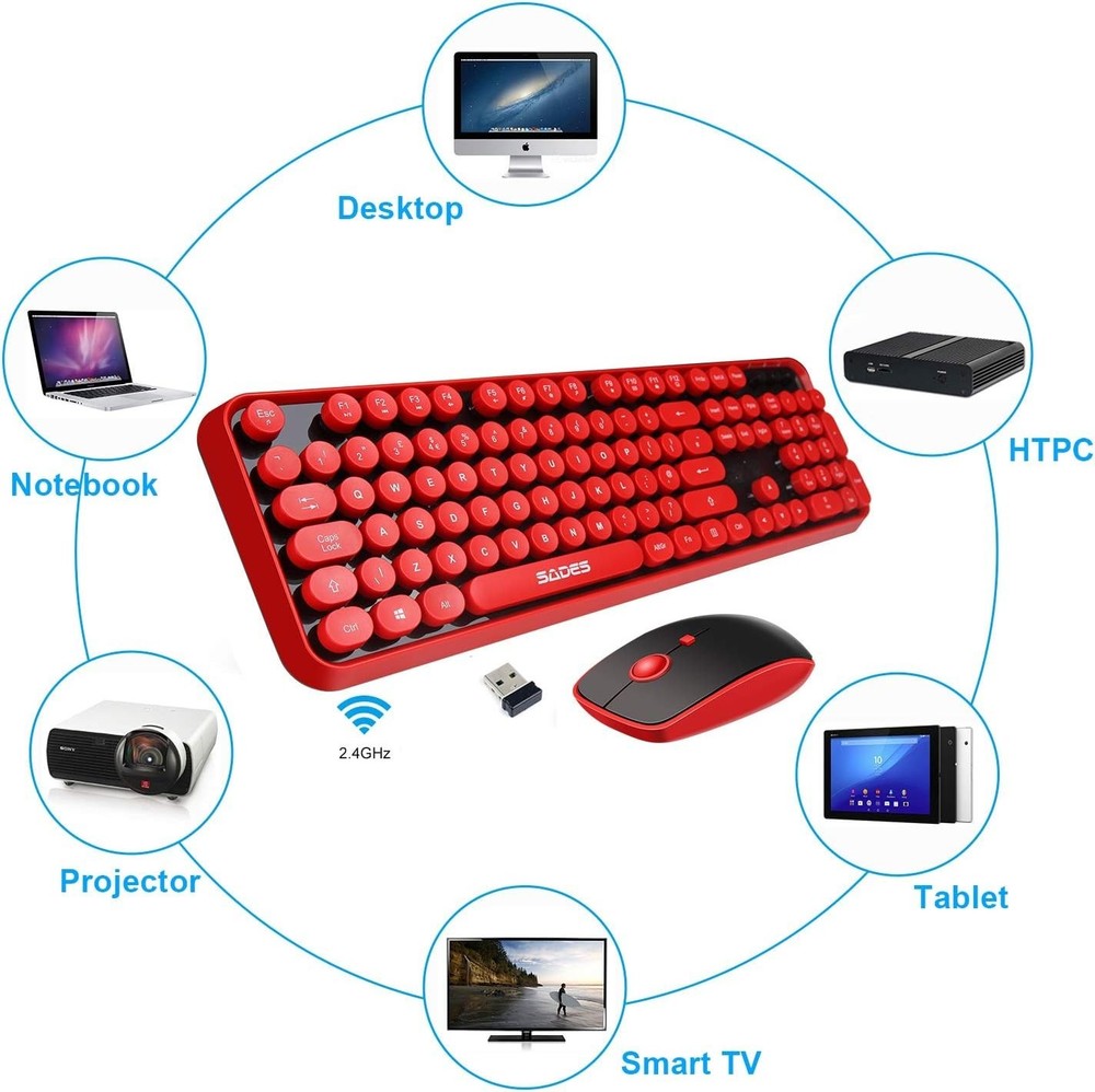 Chic Red Wireless Keyboard & Mouse Combo - Retro Typewriter with Bubble Caps