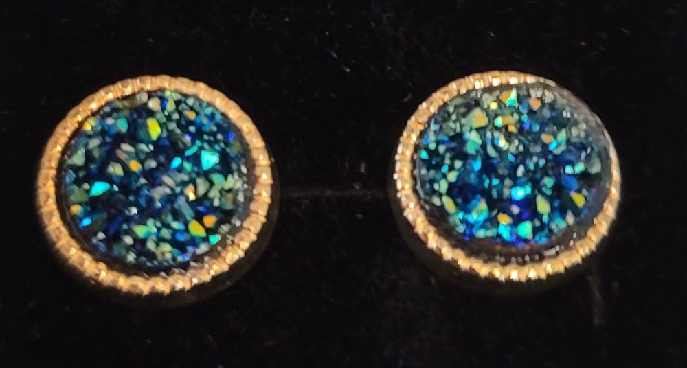 Blue Druzy Earrings Post Back Gold Framed Round NEW