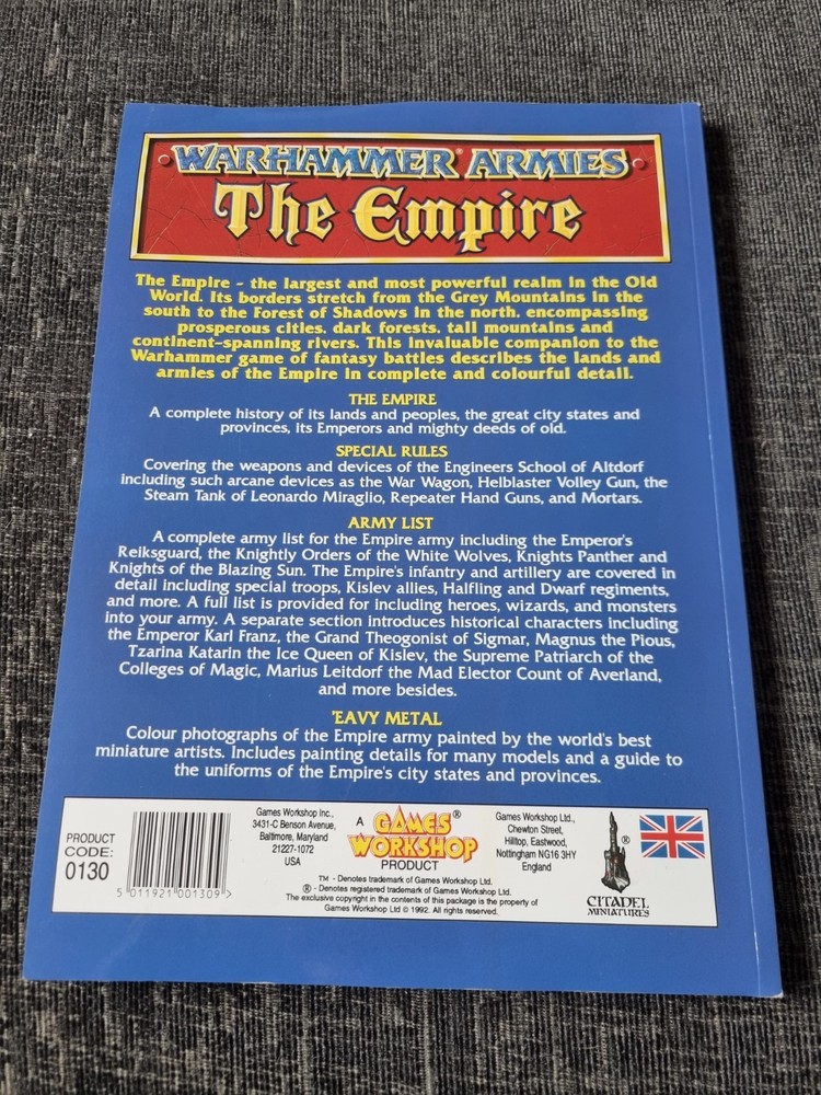 Warhammer Armies THE EMPIRE Rulebook Supplement 1992 Games Workshop Codex