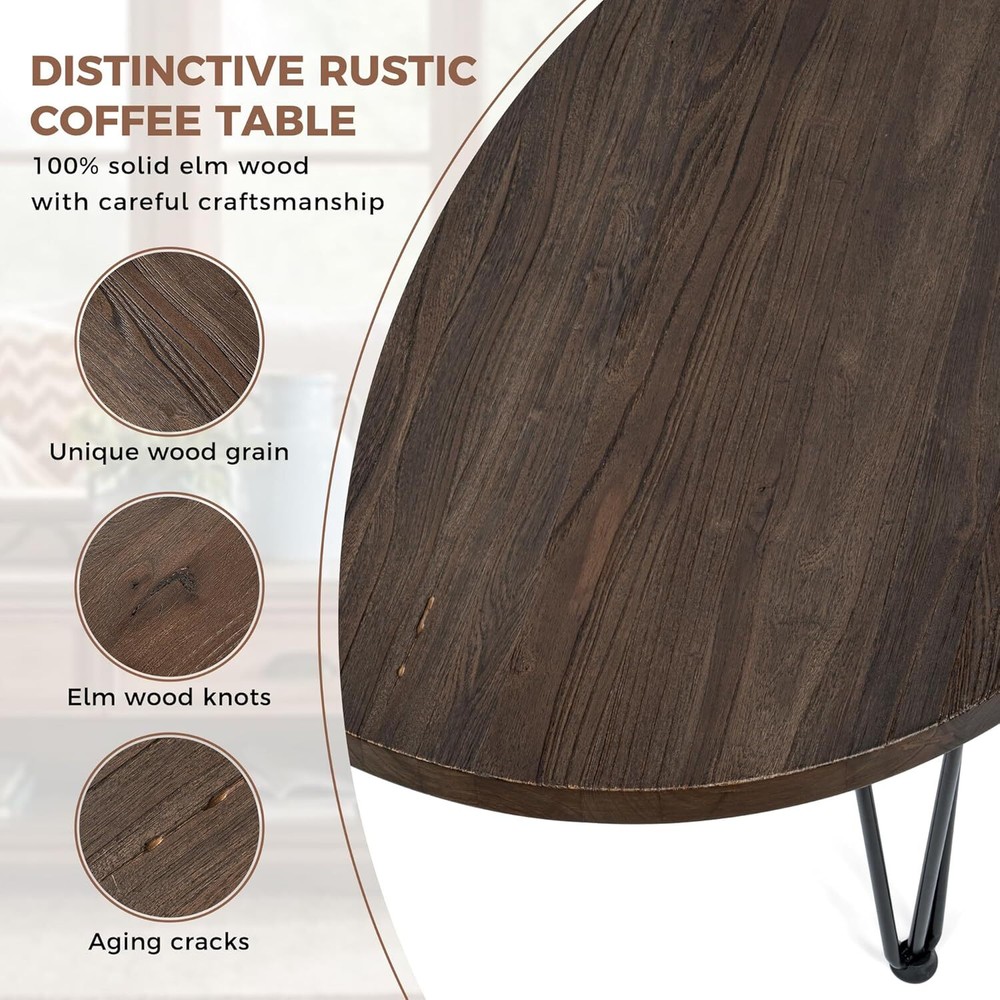 Rustic Wood Round Coffee Table with Metal Legs, Solid Elm Walnut