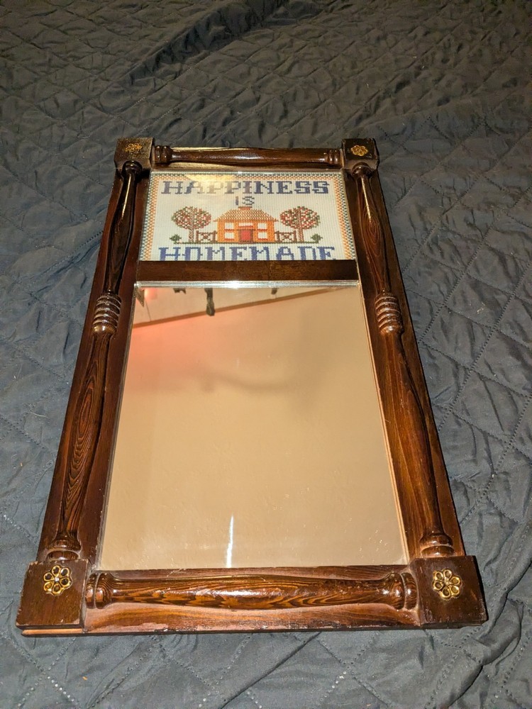 Currier & Ives Motivational Print Hanging Mirror - Solid Wood Nice Condition