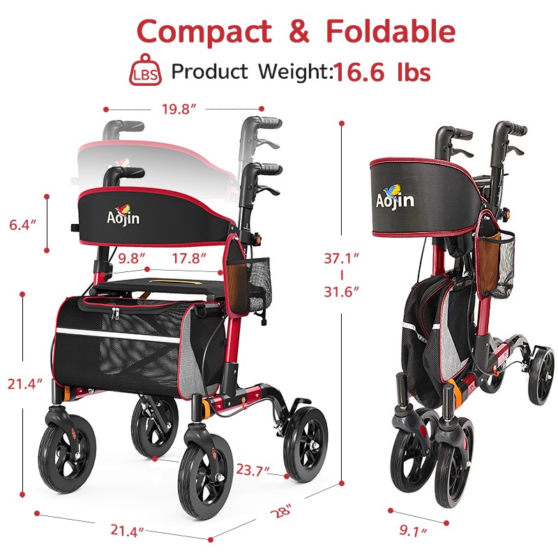 Foldable Rollator Walker 350 lb Capacity w/ 18" Seat & 8" Wheel Rolling Walker