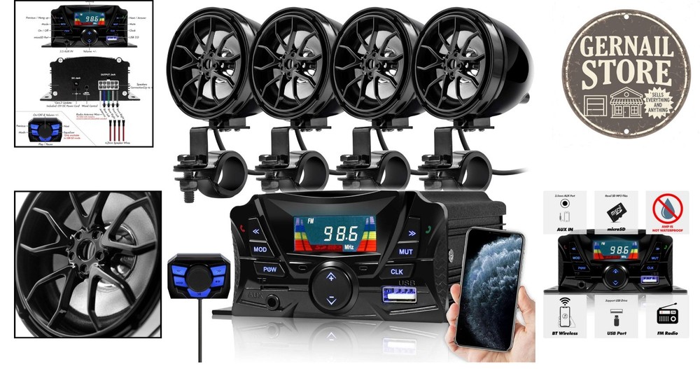 Weatherproof Motorcycle Audio System - 180W Bluetooth Speakers & Remote Control