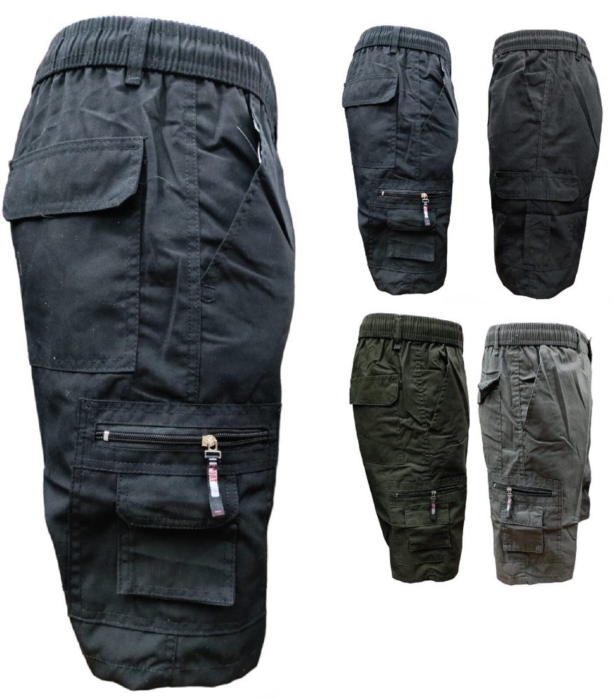 Shorts Mens Cargo Combat Multi Pocket Elasticated Waist Size Plain Lightweight
