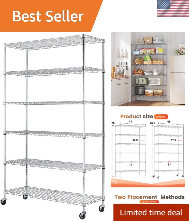 Chrome Wire Storage Shelf - 6 Tiers, Adjustable & Mobile, Ideal for Garage