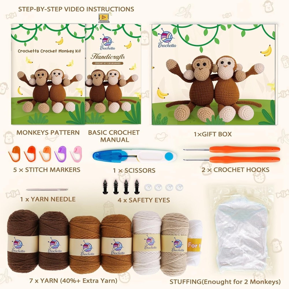 Beginner-Friendly Crochet Kit with Step-by-Step Tutorials - Amigurumi Monkey
