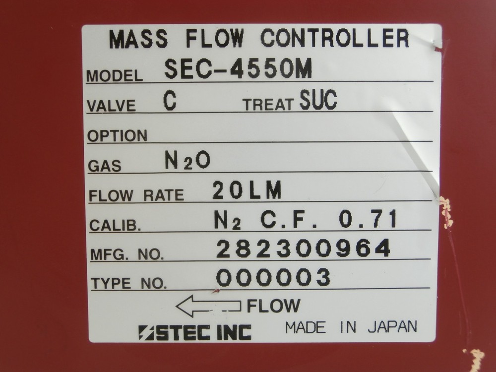 STEC SEC-4550M Mass Flow Controller MFC SEC-4550 20 LM N2O Used Working