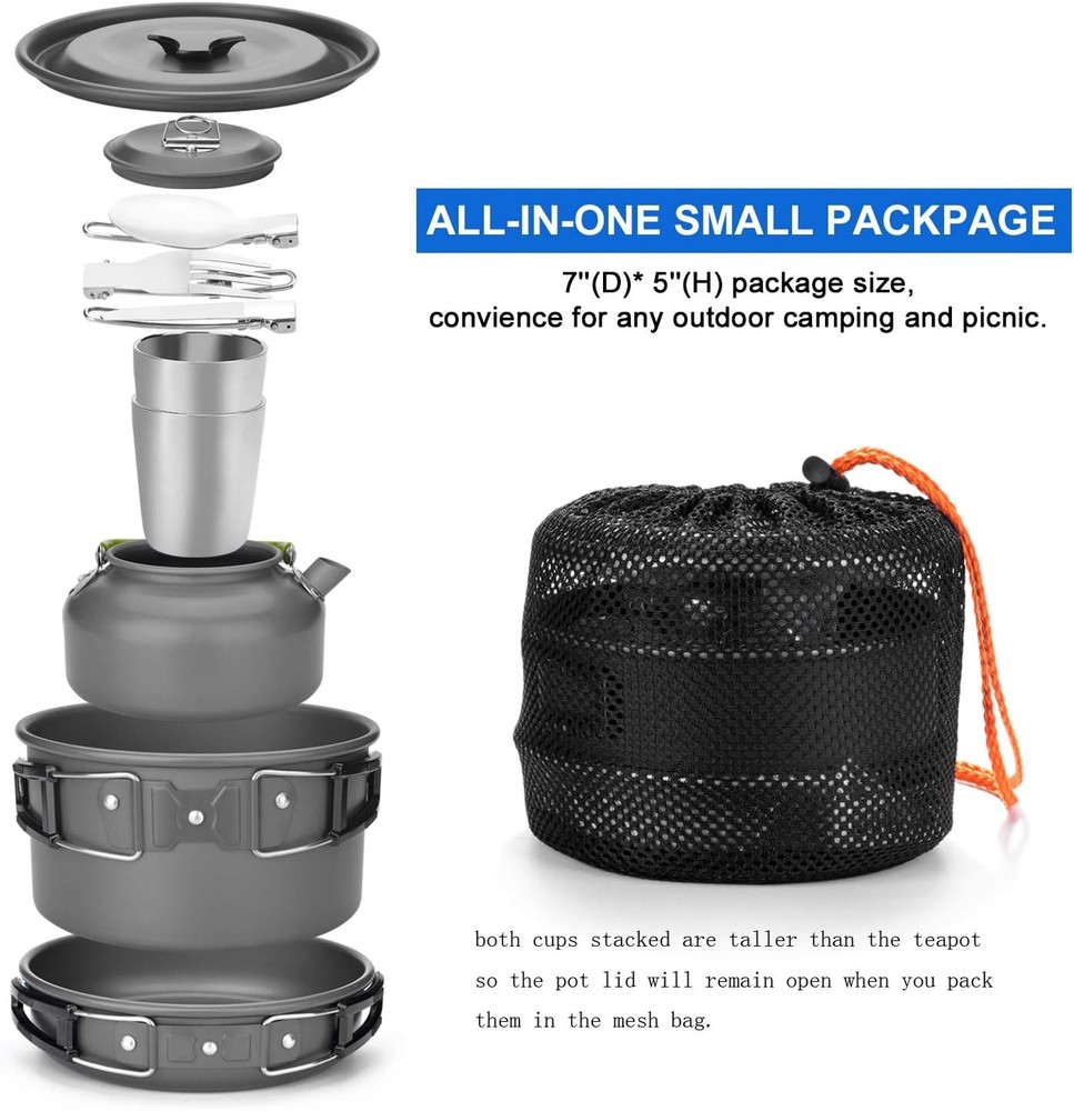 Odoland Camping Cookware Mess Kit, Lightweight Pot Pan Kettle with 2 Cups, Fork