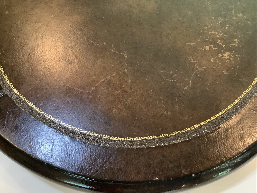 Vintage Tooled Leather Covered Table Top Or display Stand WOW
